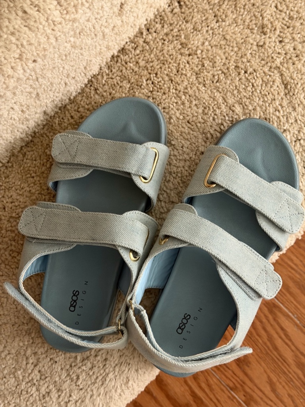 ASOS Pale Blue Canvas Double-Strap Slide Sandals with Gold Buckles